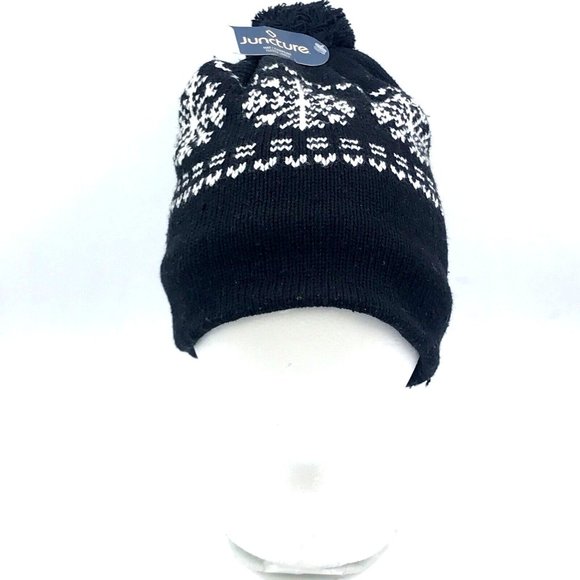 Unisex Nordic Snowflake Warm Fleece Lined Knit Stretch w/Pom Pom Beanie Hat New - Picture 1 of 7